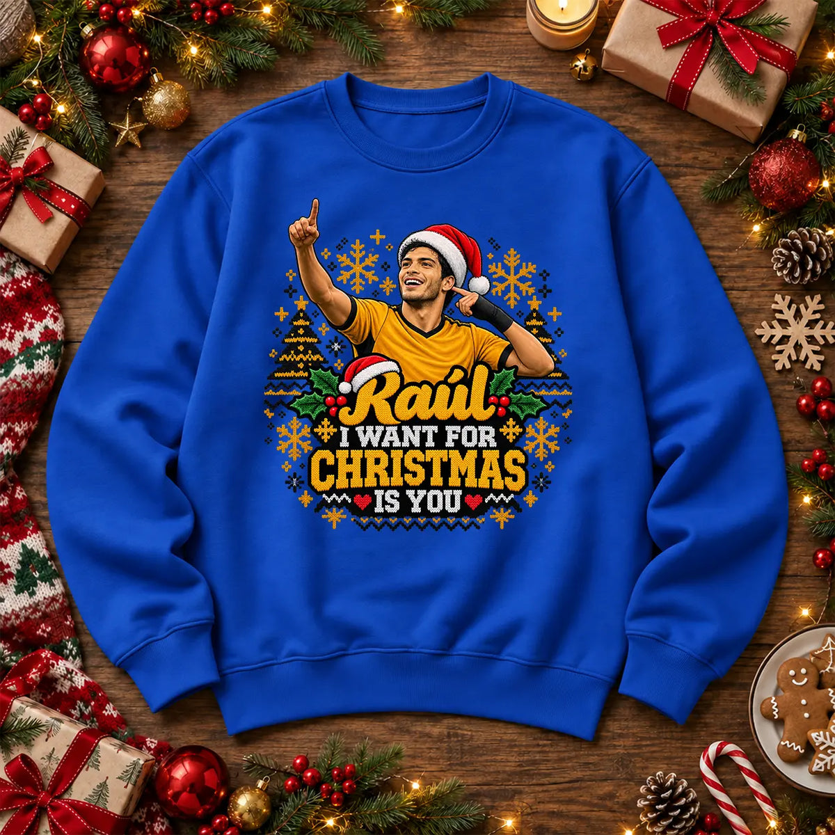 Royal Blue Raúl Jiménez RAUL I WANT FOR CHRISTMAS IS YOU Wolves football Christmas jumper mockup