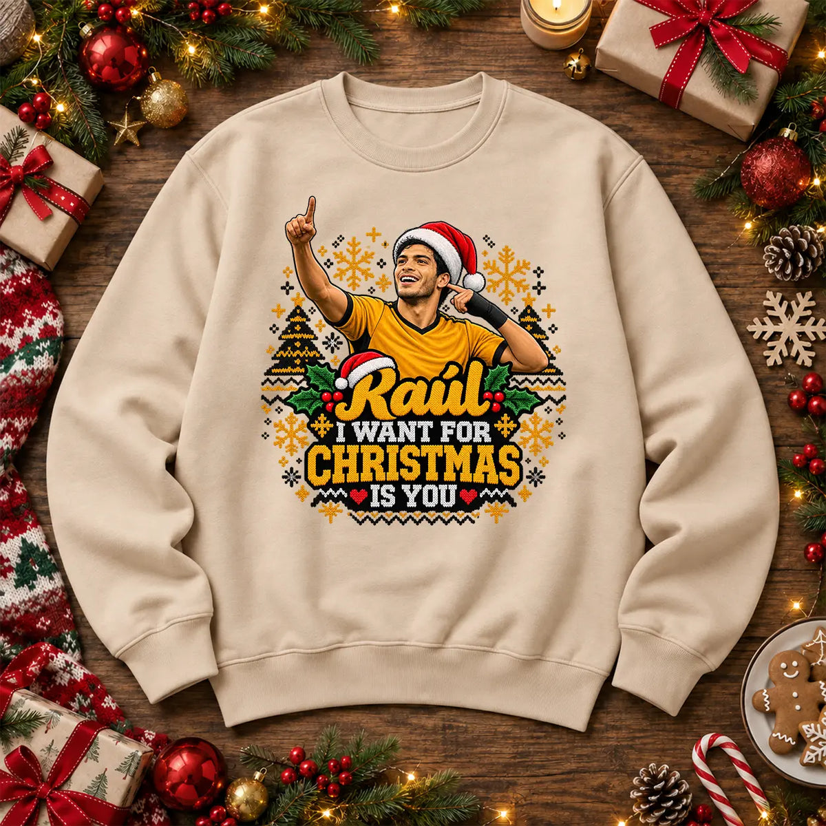 Stone Raúl Jiménez RAUL I WANT FOR CHRISTMAS IS YOU Wolves football Christmas jumper mockup