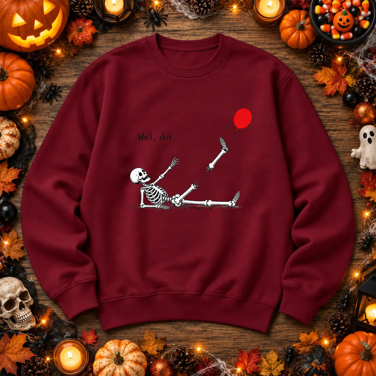 Burgundy red balloon skeleton Halloween jumper gothic spooky artwork