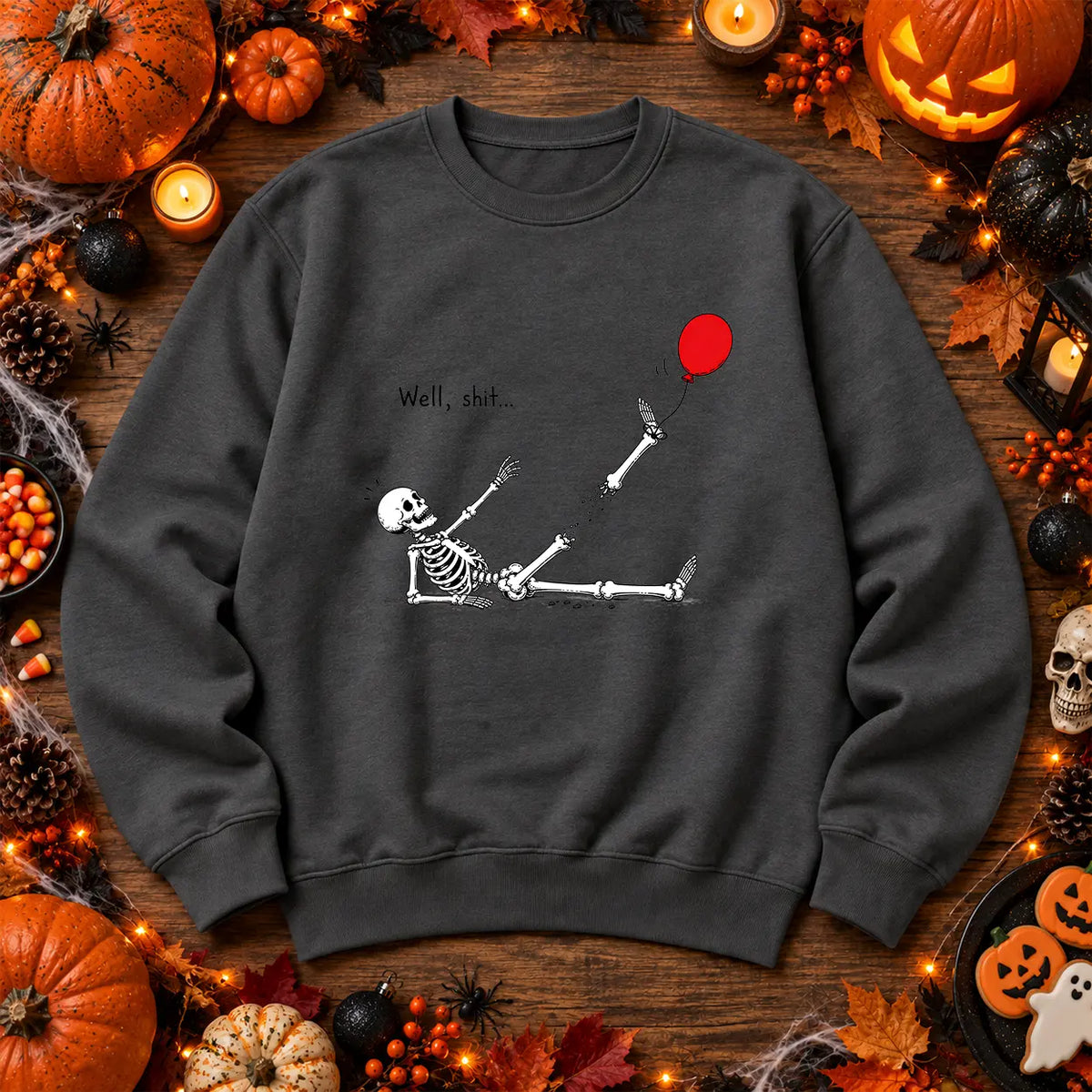 Charcoal red balloon skeleton Halloween jumper gothic spooky artwork