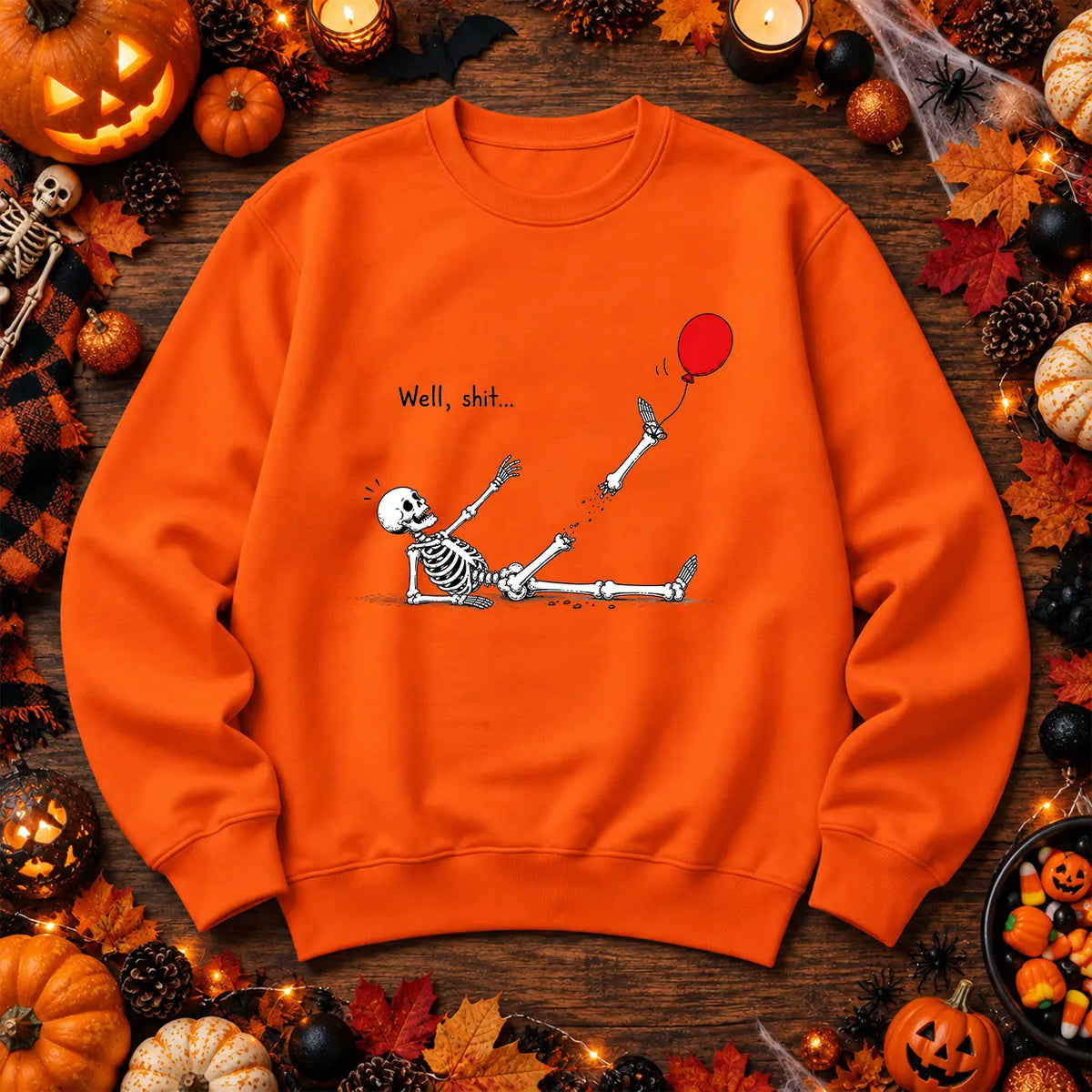 Orange red balloon skeleton Halloween jumper gothic spooky artwork
