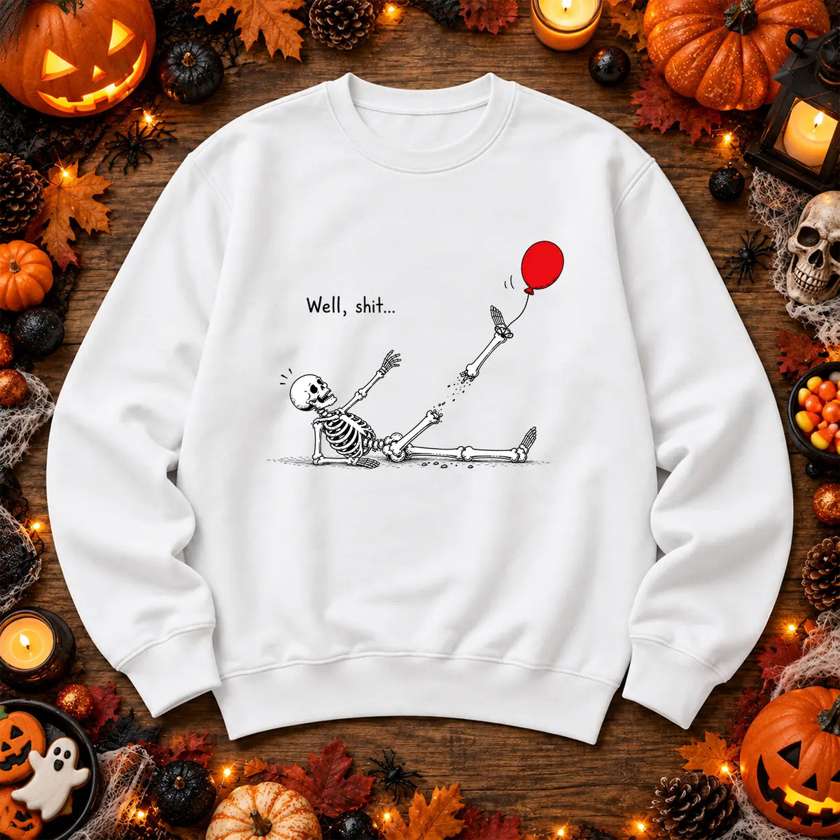 White red balloon skeleton Halloween jumper gothic spooky artwork