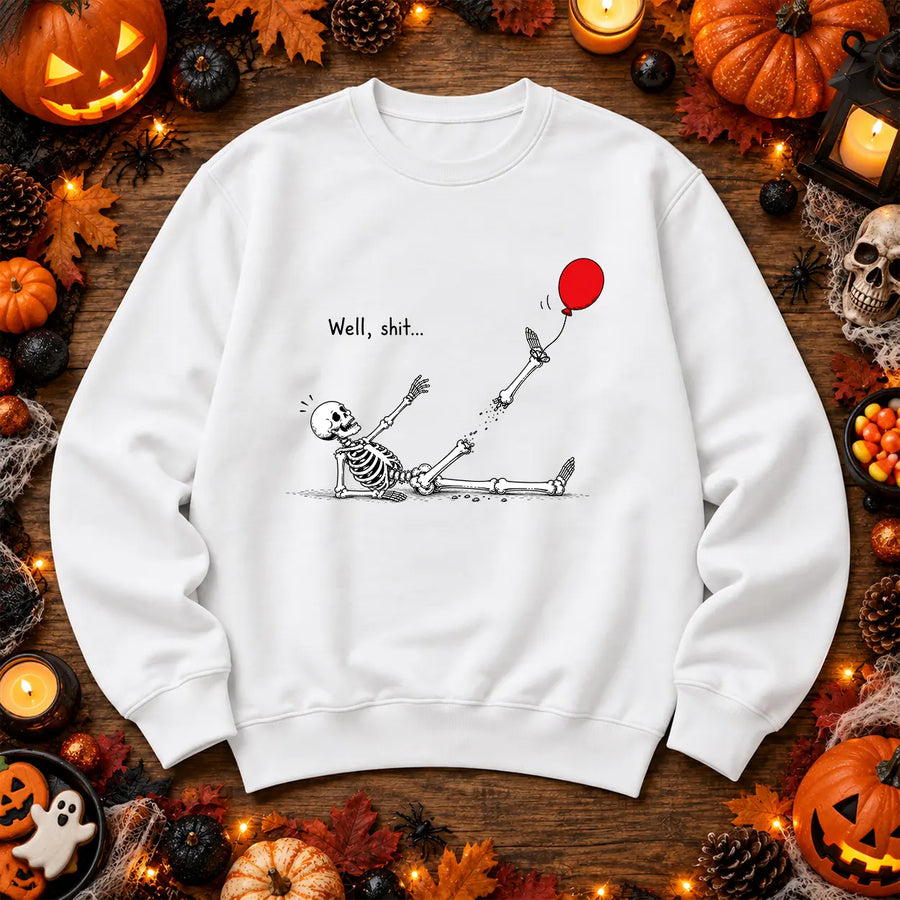 White red balloon skeleton Halloween jumper gothic spooky artwork