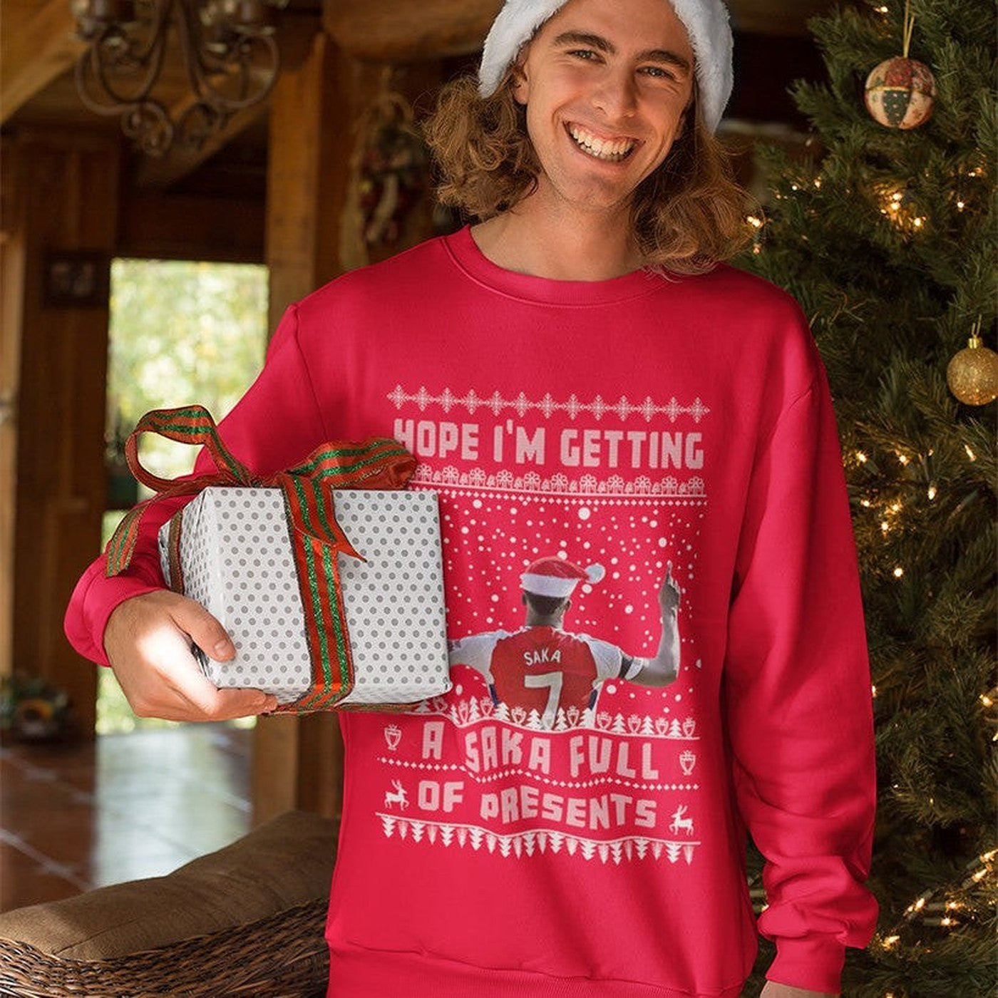 Red jumper — Bukayo Saka Christmas Jumper - "Hope I'm Getting a SAKA Full Of Presents" - Fun Gift for Arsenal FC Football Fans