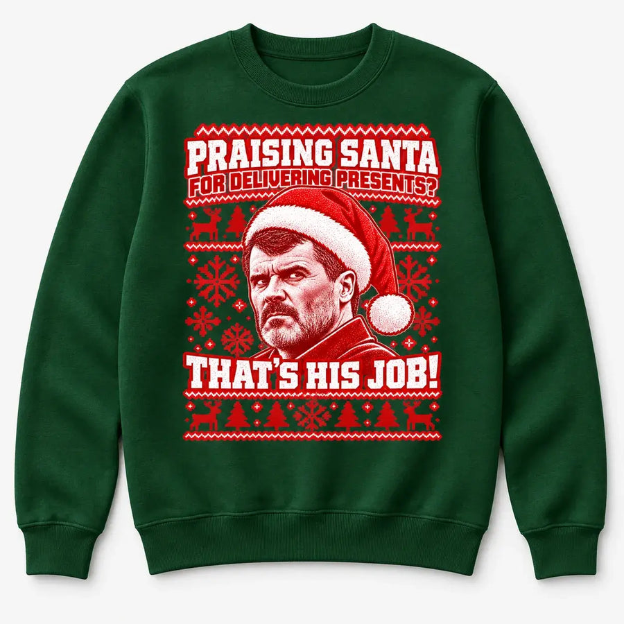 Bottle Green Roy Keane Christmas jumper – That's His Job festive football design