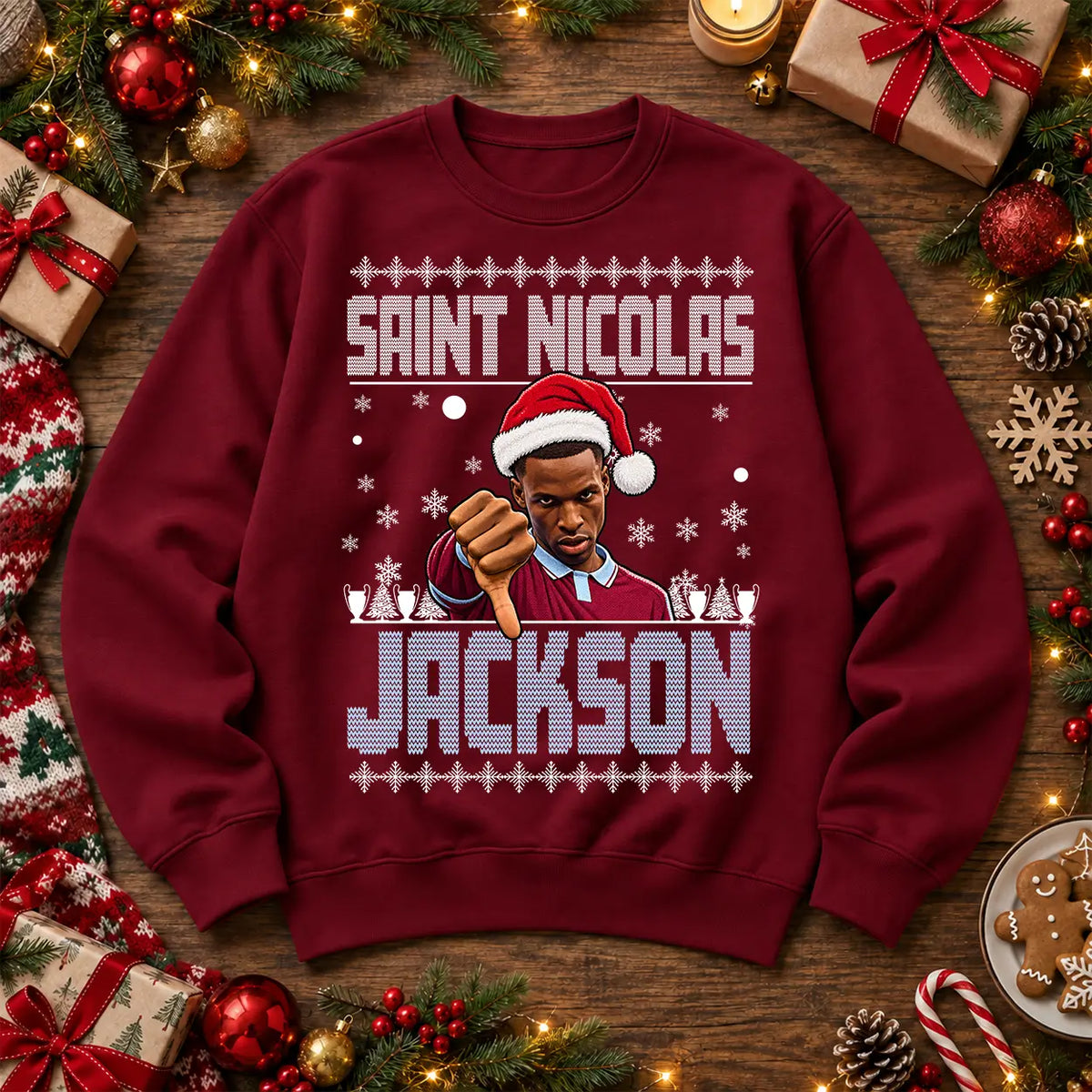 Burgundy Saint Nicolas Jackson Aston Villa fan Christmas jumper