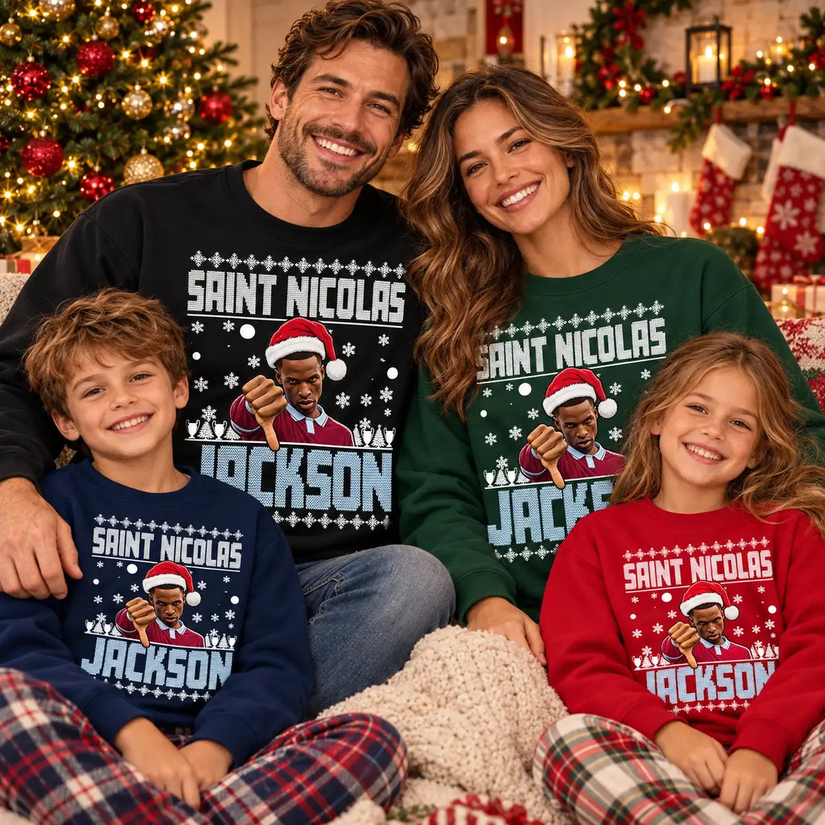Matching family Saint Nicolas Jackson Christmas jumpers, Aston Villa inspired, adults and kids