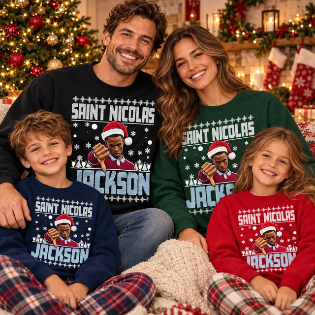 Matching family Saint Nicolas Jackson Christmas jumpers, Aston Villa inspired, adults and kids