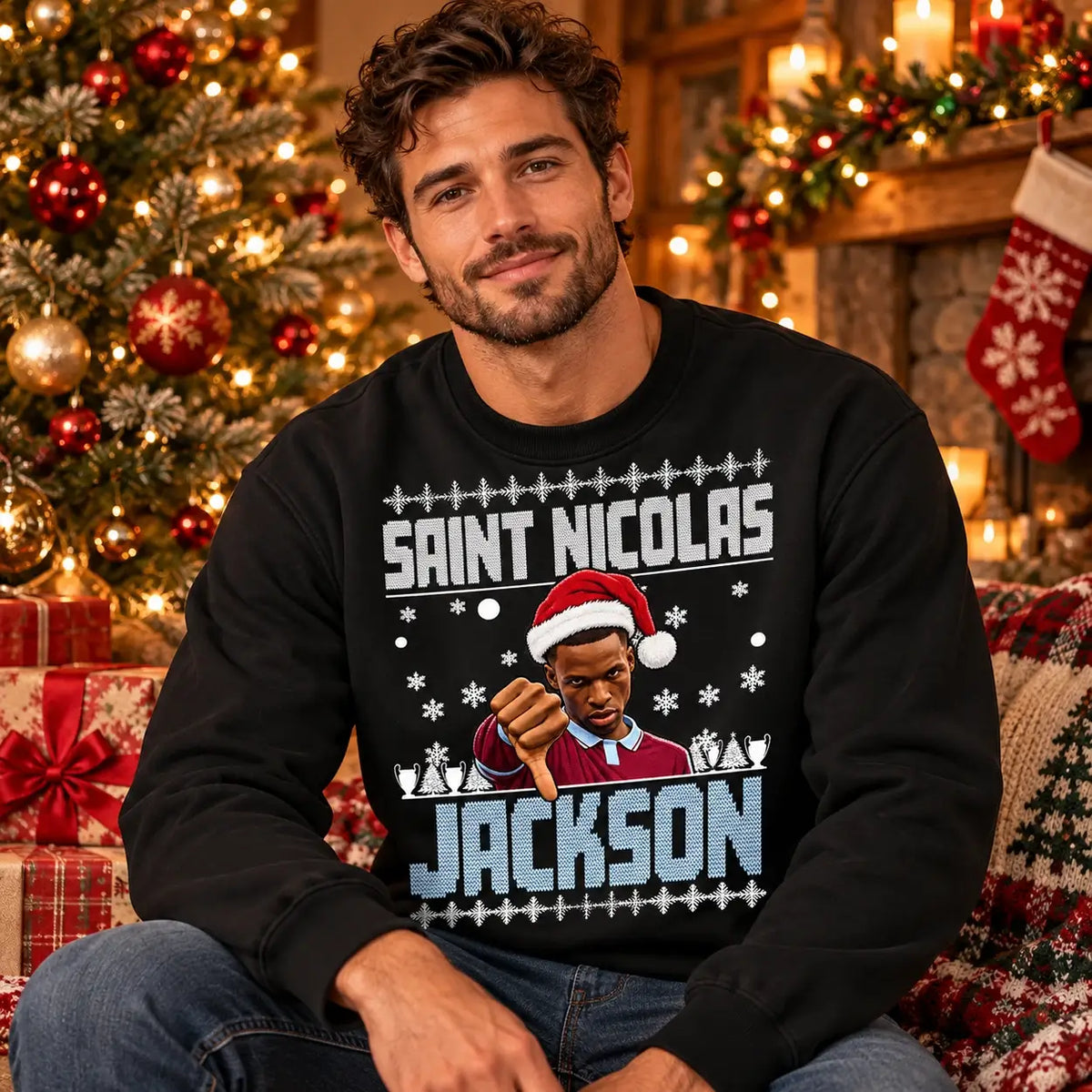 Man modelling black Saint Nicolas Jackson Christmas jumper