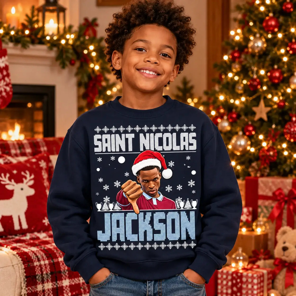 Child modelling navy Saint Nicolas Jackson Christmas jumper