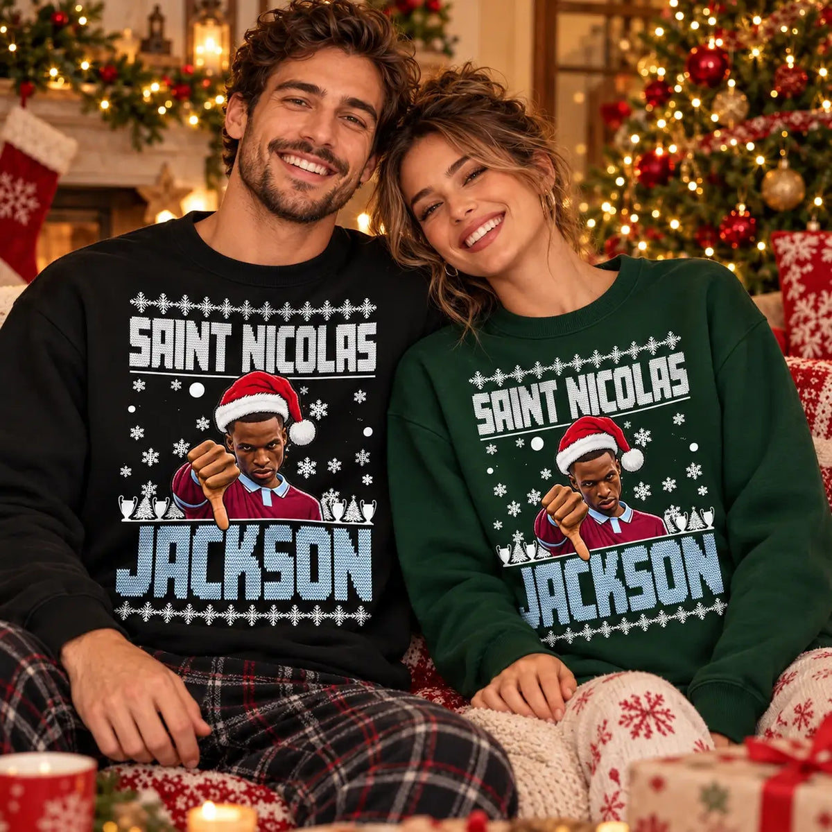 Couple wearing matching football themed Saint Nicolas Jackson Christmas jumpers