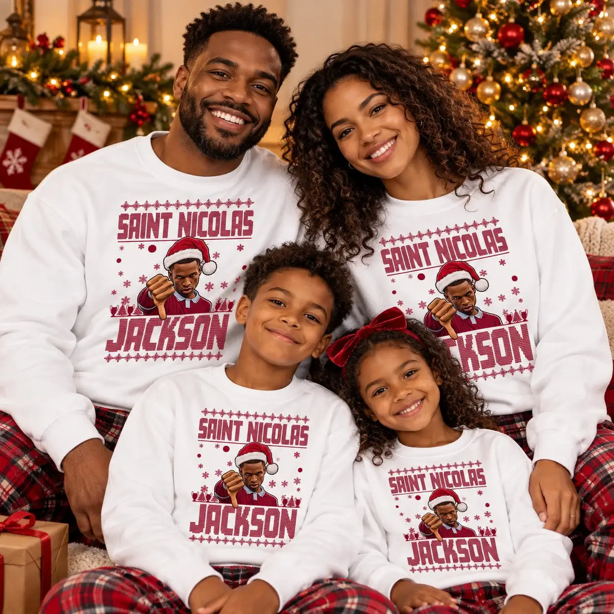 Family wearing white Saint Nicolas Jackson Christmas jumpers