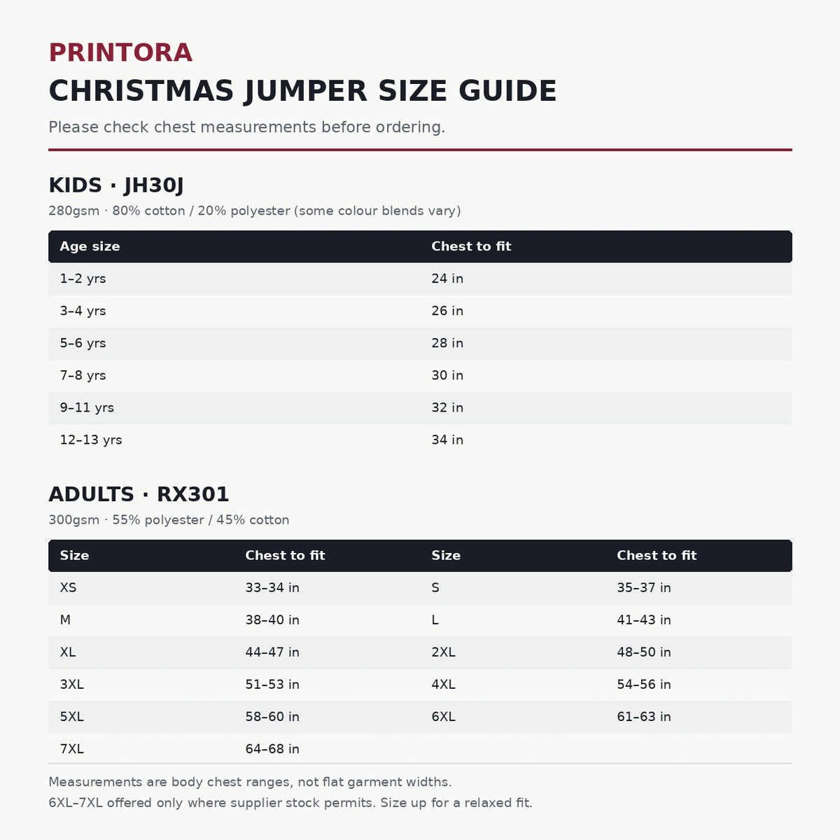 Printora kids and adults Christmas sweatshirt sizing chart