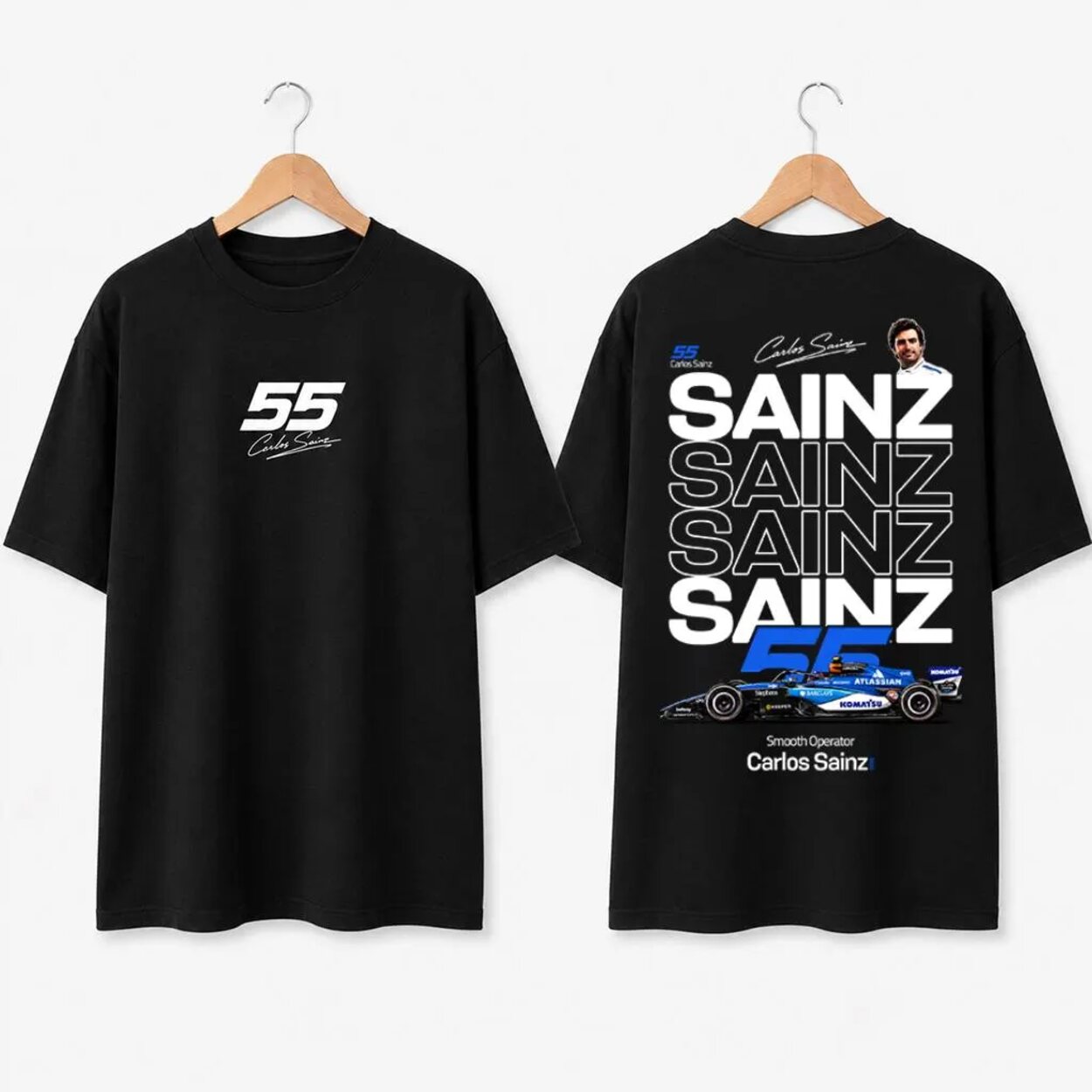 Carlos Sainz F1 fan T-shirt black hanger mockup with front and back print