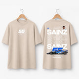 Carlos Sainz T-shirt lifestyle mockup in natural stone, front and back views