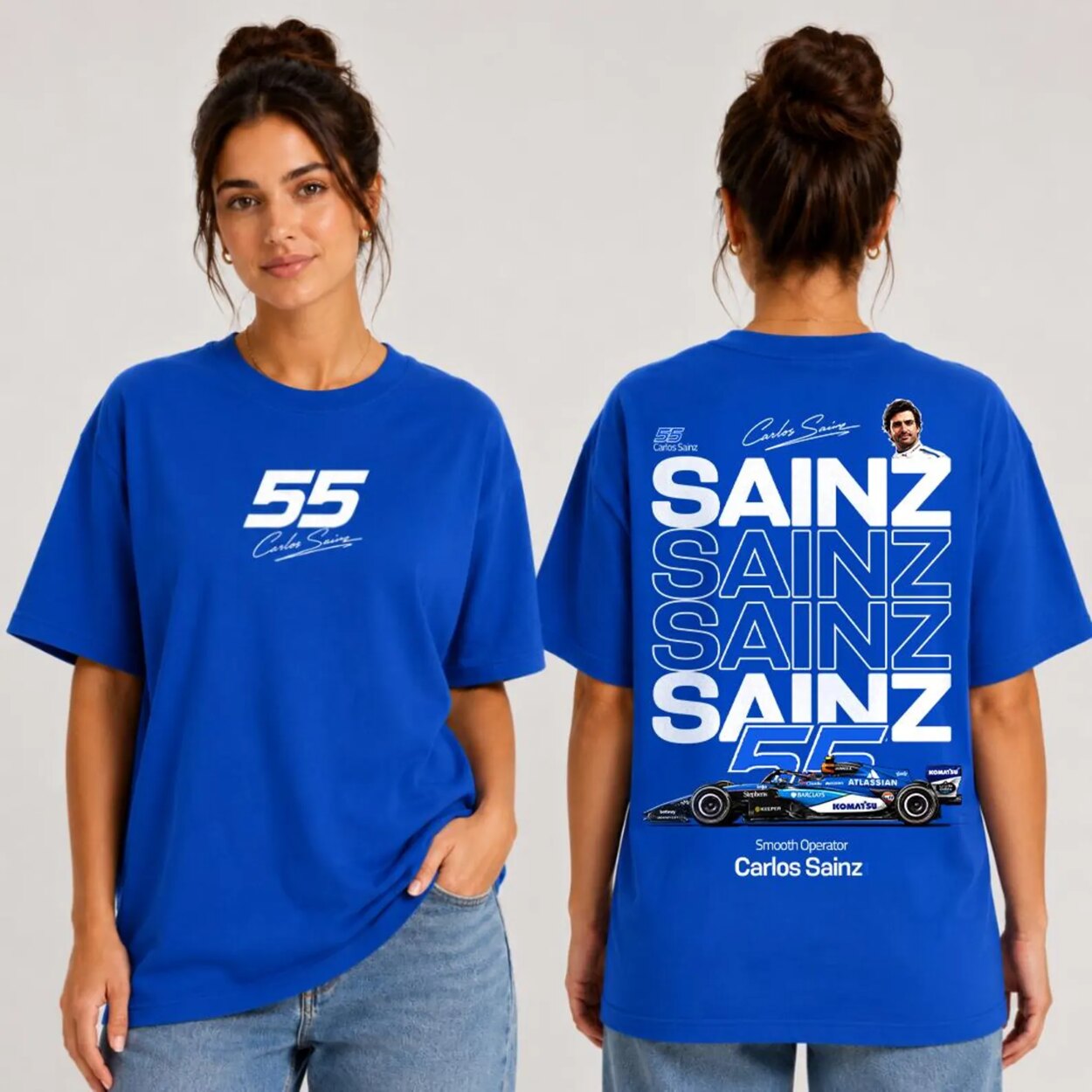 Carlos Sainz T-shirt lifestyle mockup in royal blue, front and back views