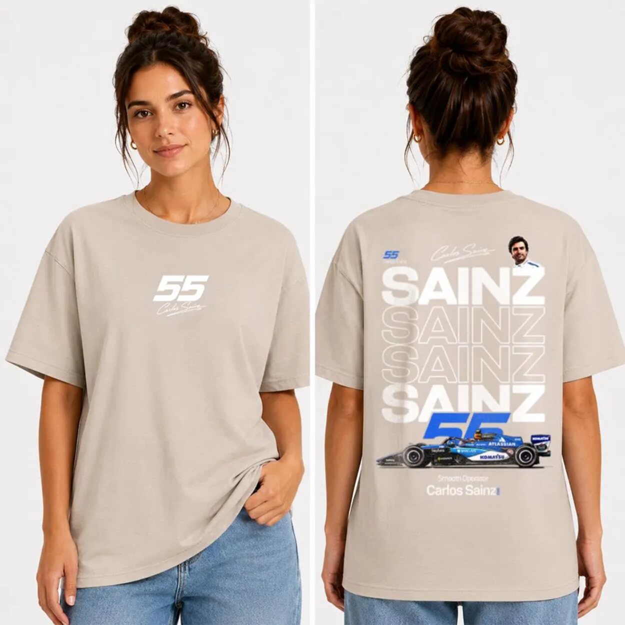 Carlos Sainz F1 fan T-shirt in natural colour with front and back print