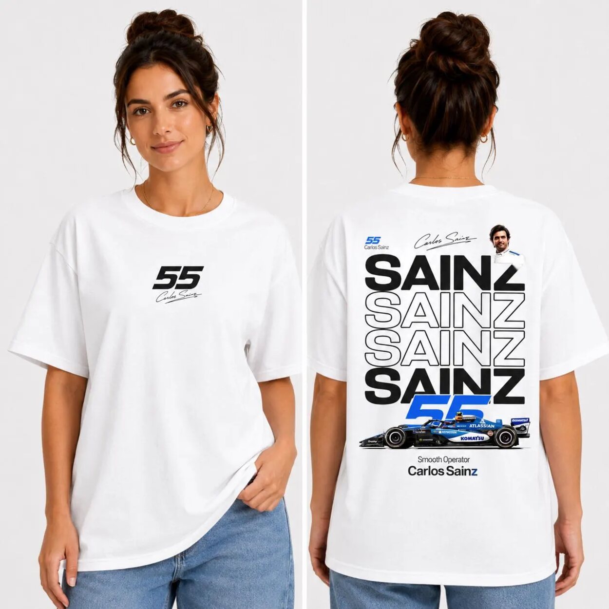 Carlos Sainz F1 fan T-shirt in white with front and back print