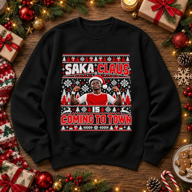 Black Saka Claus Is Coming to Town Bukayo Saka football Christmas jumper mockup
