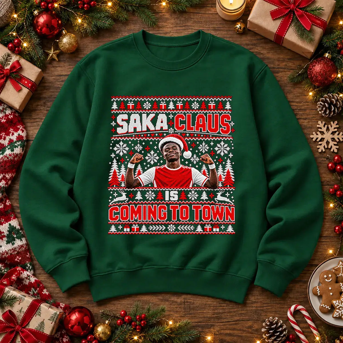 Bottle Green Saka Claus Is Coming to Town football Christmas jumper mockup