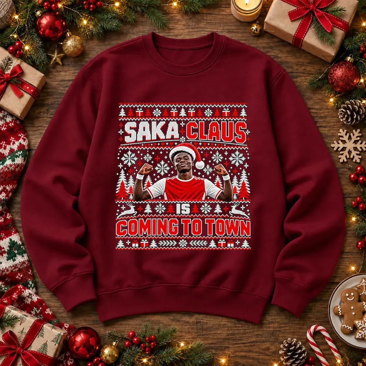 Burgundy Saka Claus Is Coming to Town football Christmas jumper mockup