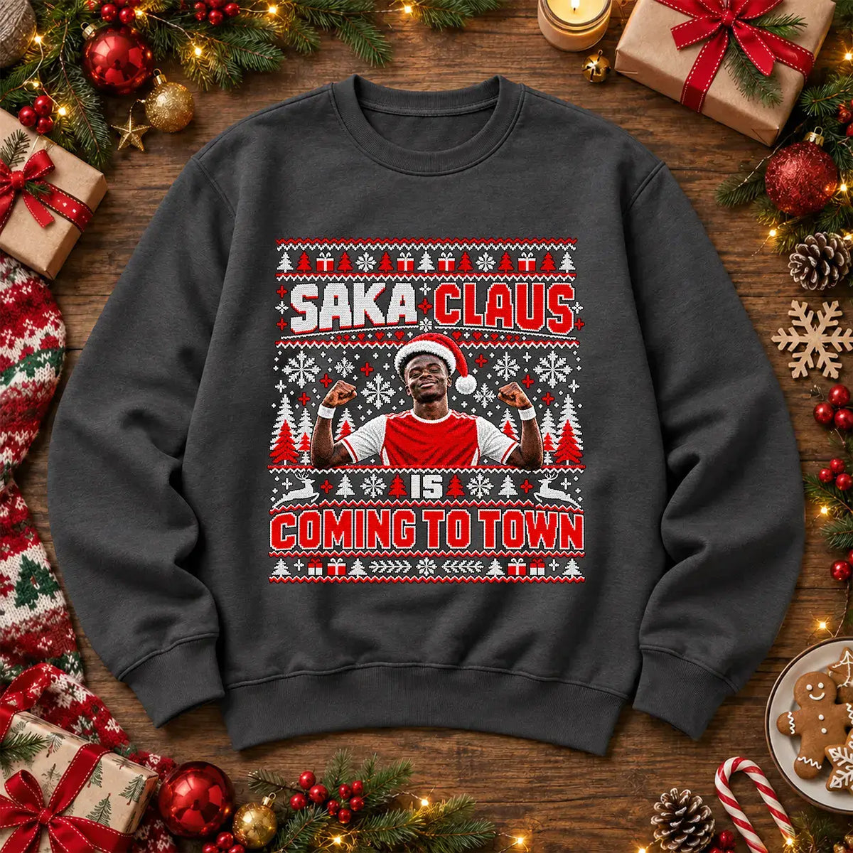 Charcoal Saka Claus Is Coming to Town football Christmas jumper mockup