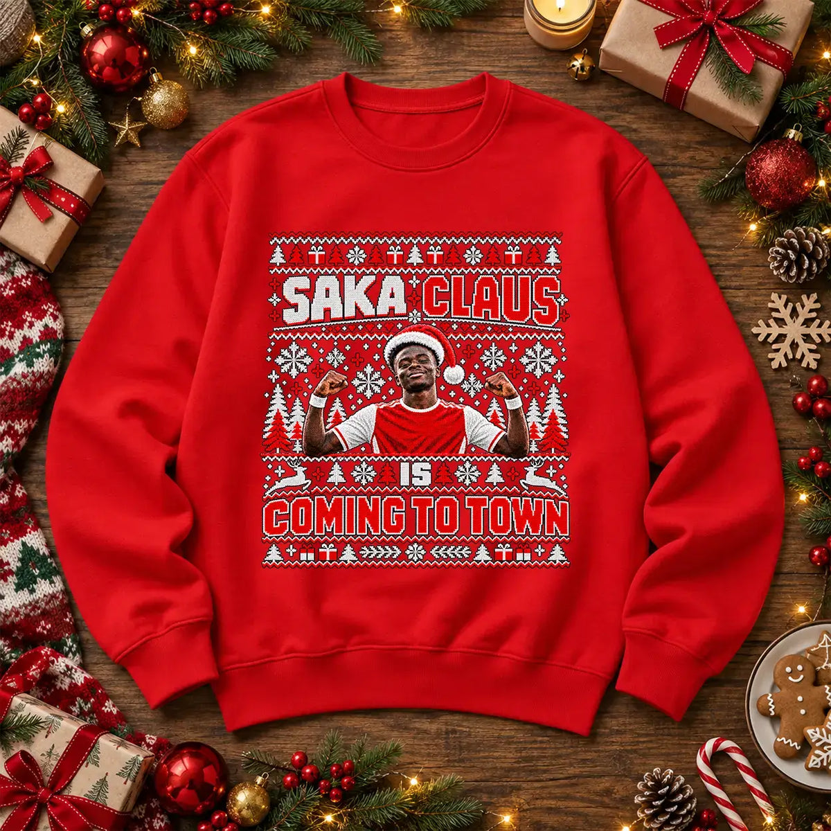 Fire Red Saka Claus Is Coming to Town football Christmas jumper mockup