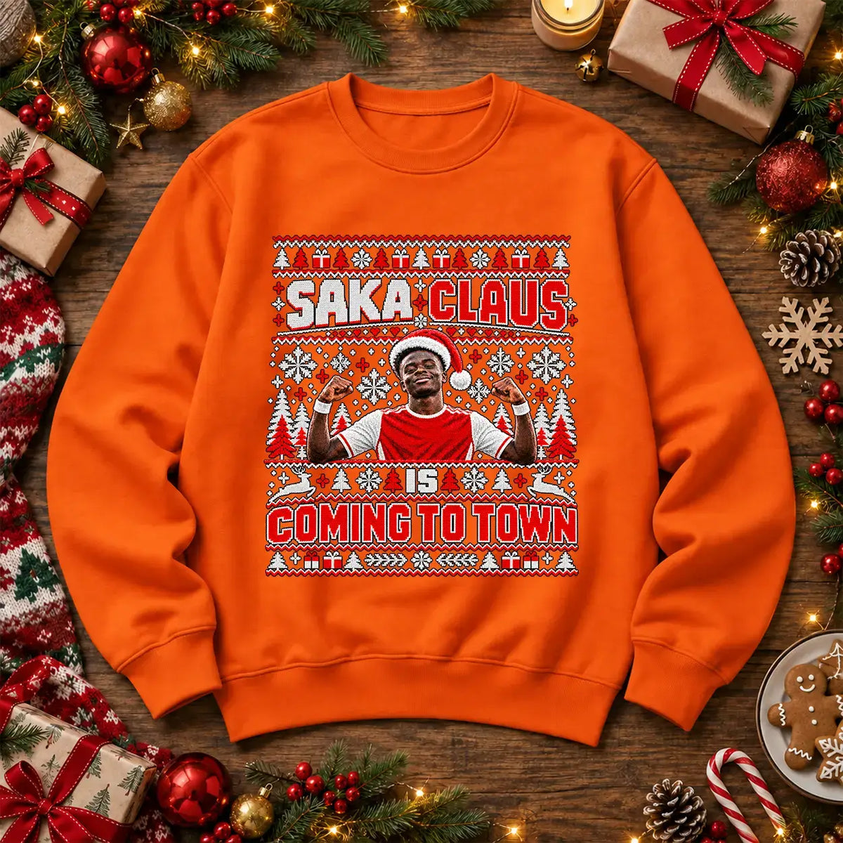 Orange Saka Claus Is Coming to Town football Christmas jumper mockup