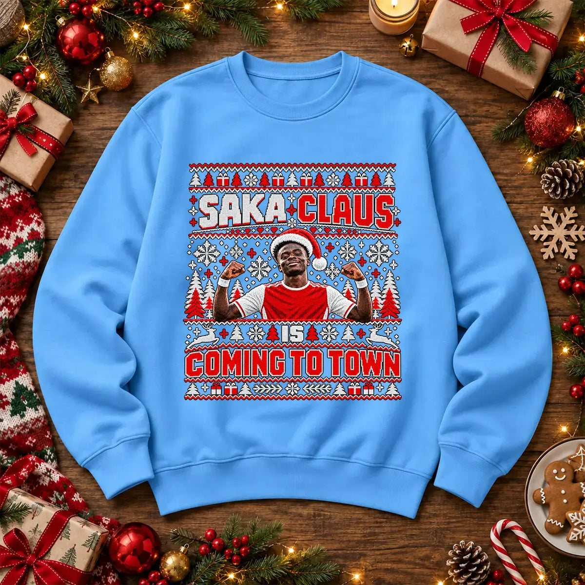 Sky Blue Saka Claus Is Coming to Town football Christmas jumper mockup