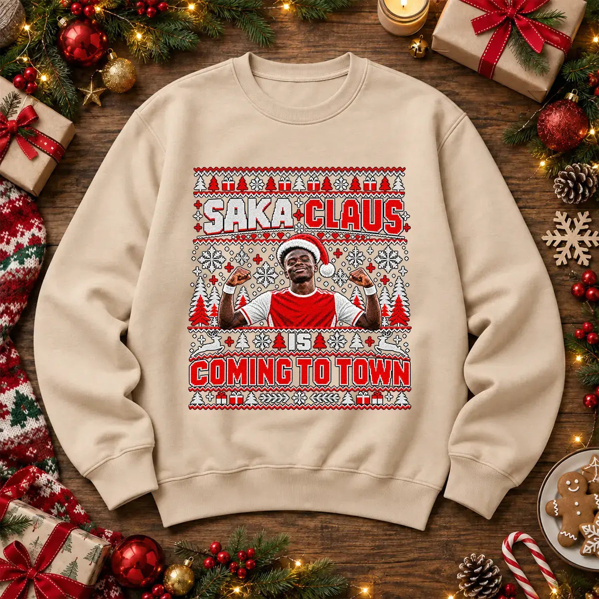 Stone Saka Claus Is Coming to Town football Christmas jumper mockup