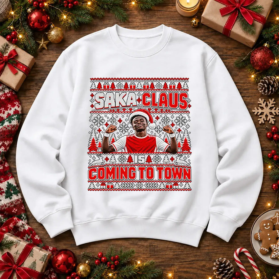 White Saka Claus Is Coming to Town Bukayo Saka football Christmas jumper mockup