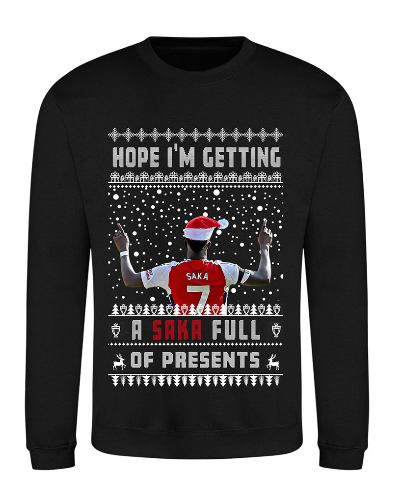 Bukayo Saka Christmas Jumper - "Hope I'm Getting a SAKA Full Of Presents" - Fun Gift for Arsenal FC Football Fans