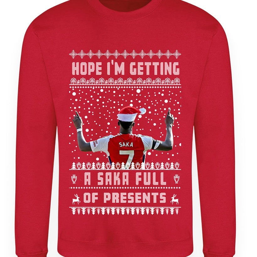 Bukayo Saka Christmas Jumper - "Hope I'm Getting a SAKA Full Of Presents" - Fun Gift for Arsenal FC Football Fans