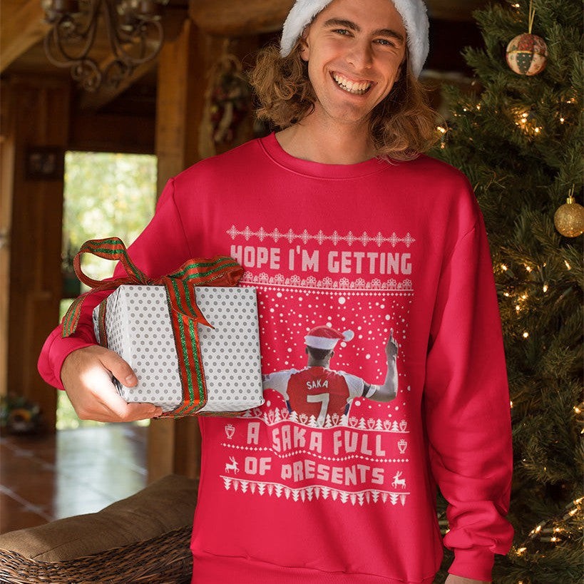 Bukayo Saka Christmas Jumper - "Hope I'm Getting a SAKA Full Of Presents" - Fun Gift for Arsenal FC Football Fans