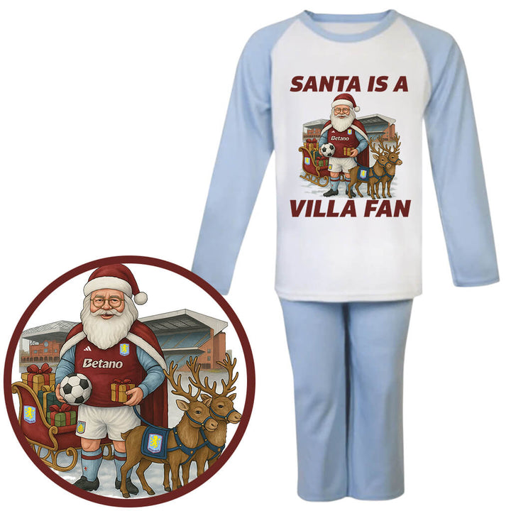 Santa Is a Villa Fan Kids Christmas Pyjama Set – Light Blue & White