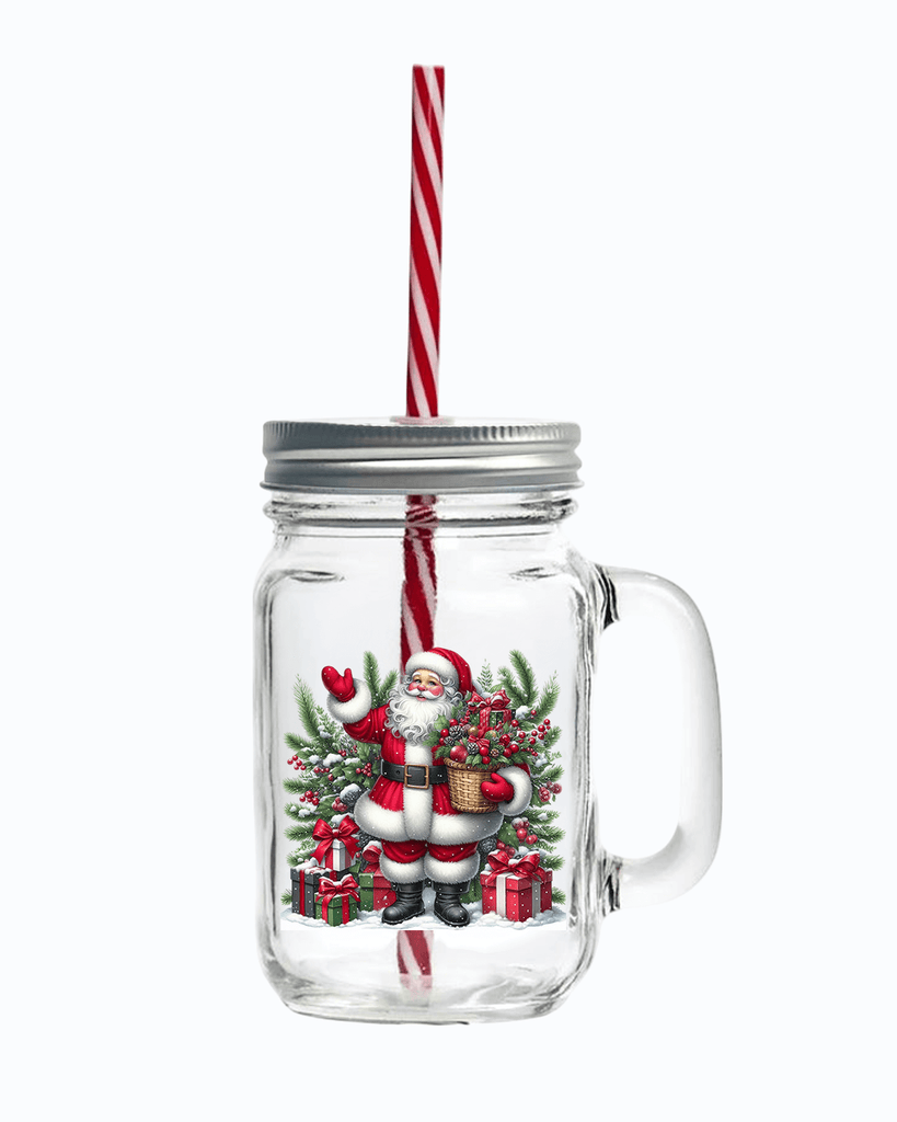 Father Christmas Personalised UV DTF Printed 16 Oz Mason Jar + Lid & Straw