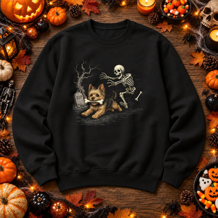 Black skeleton and dog Halloween jumper spooky graveyard artwork