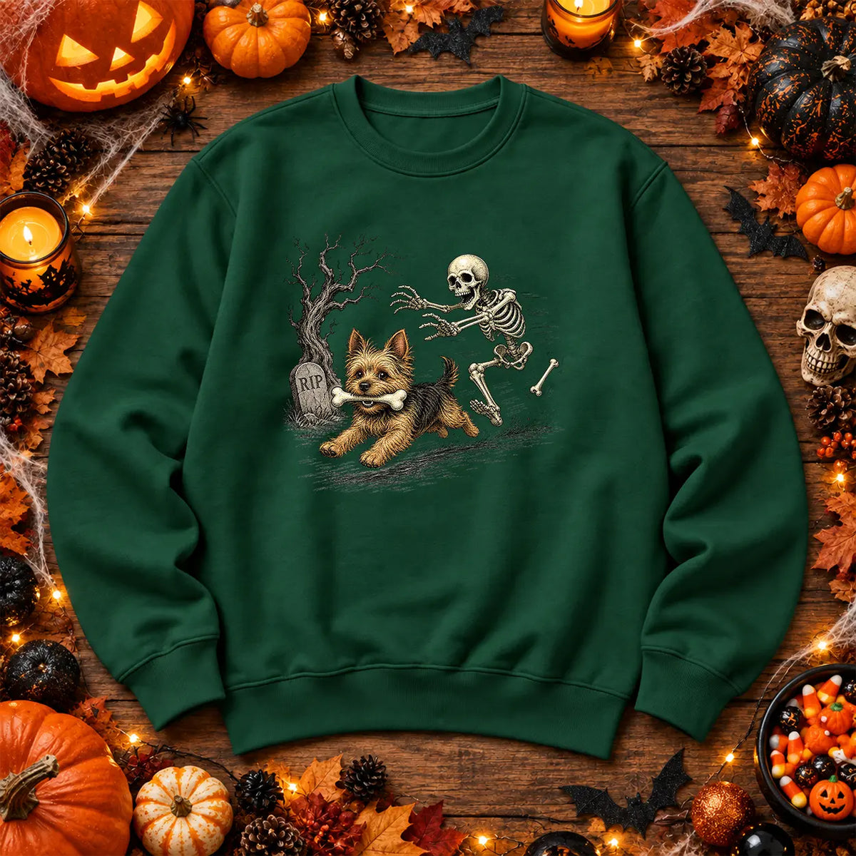 Bottle Green skeleton and dog Halloween jumper spooky graveyard artwork