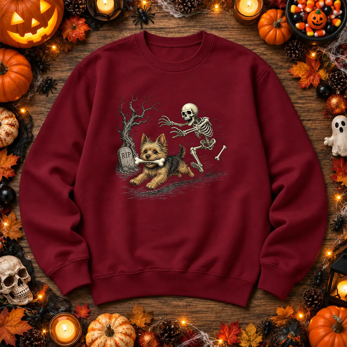 Burgundy skeleton and dog Halloween jumper spooky graveyard artwork