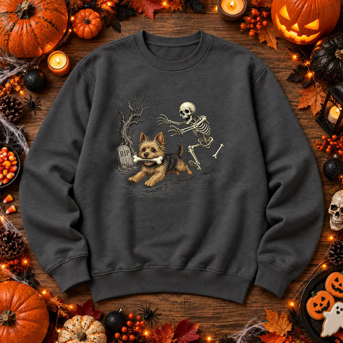 Charcoal skeleton and dog Halloween jumper spooky graveyard artwork
