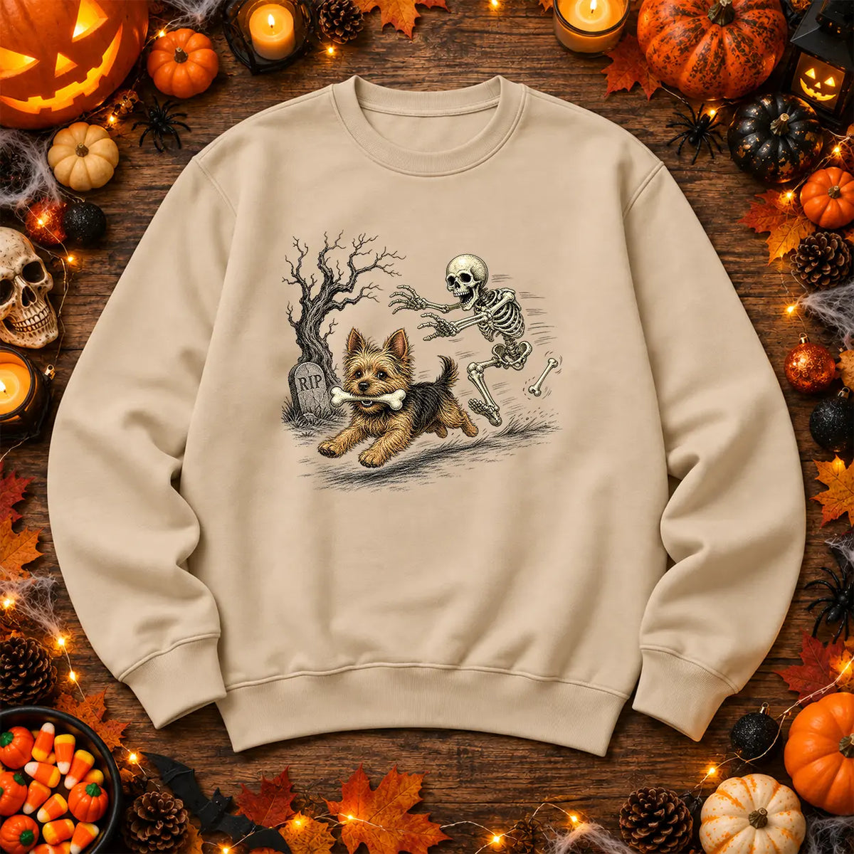 Natural Stone skeleton and dog Halloween jumper spooky graveyard artwork