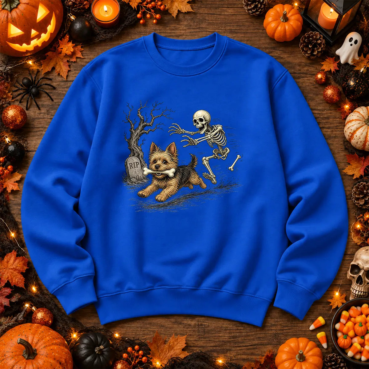 Royal Blue skeleton and dog Halloween jumper spooky graveyard artwork