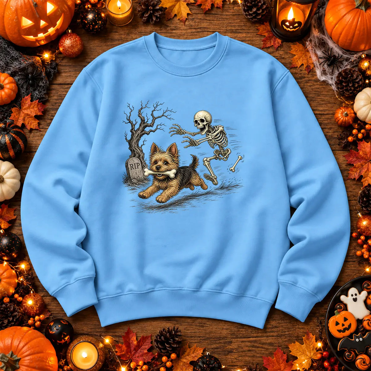 Sky Blue skeleton and dog Halloween jumper spooky graveyard artwork