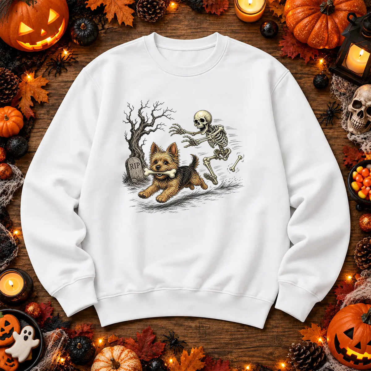 White skeleton and dog Halloween jumper spooky graveyard artwork