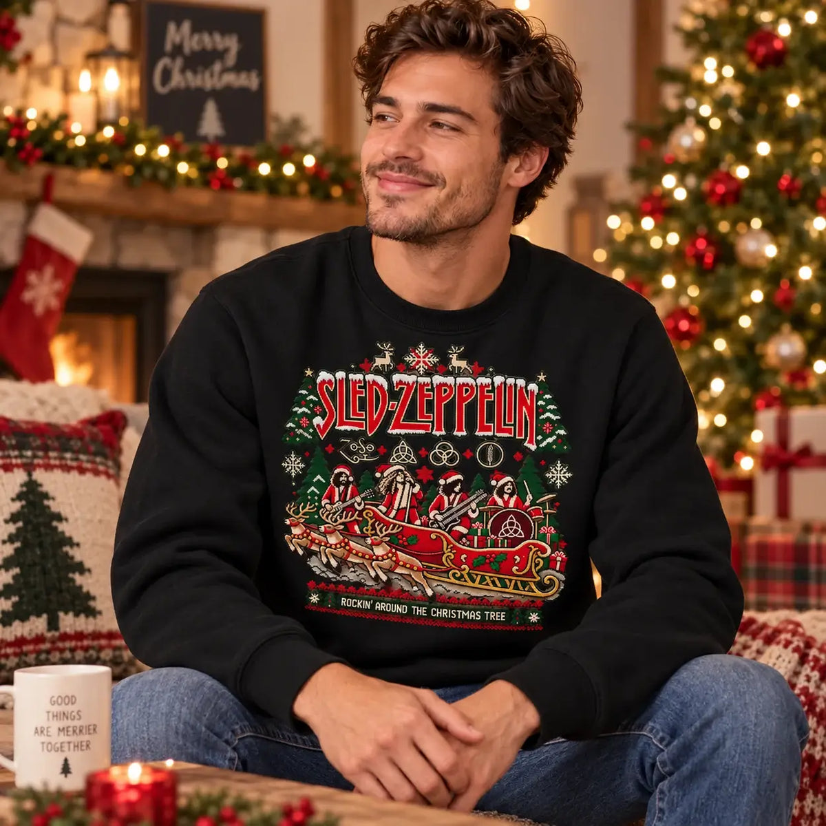 Model wearing Black Sled Zeppelin Christmas jumper in a festive setting