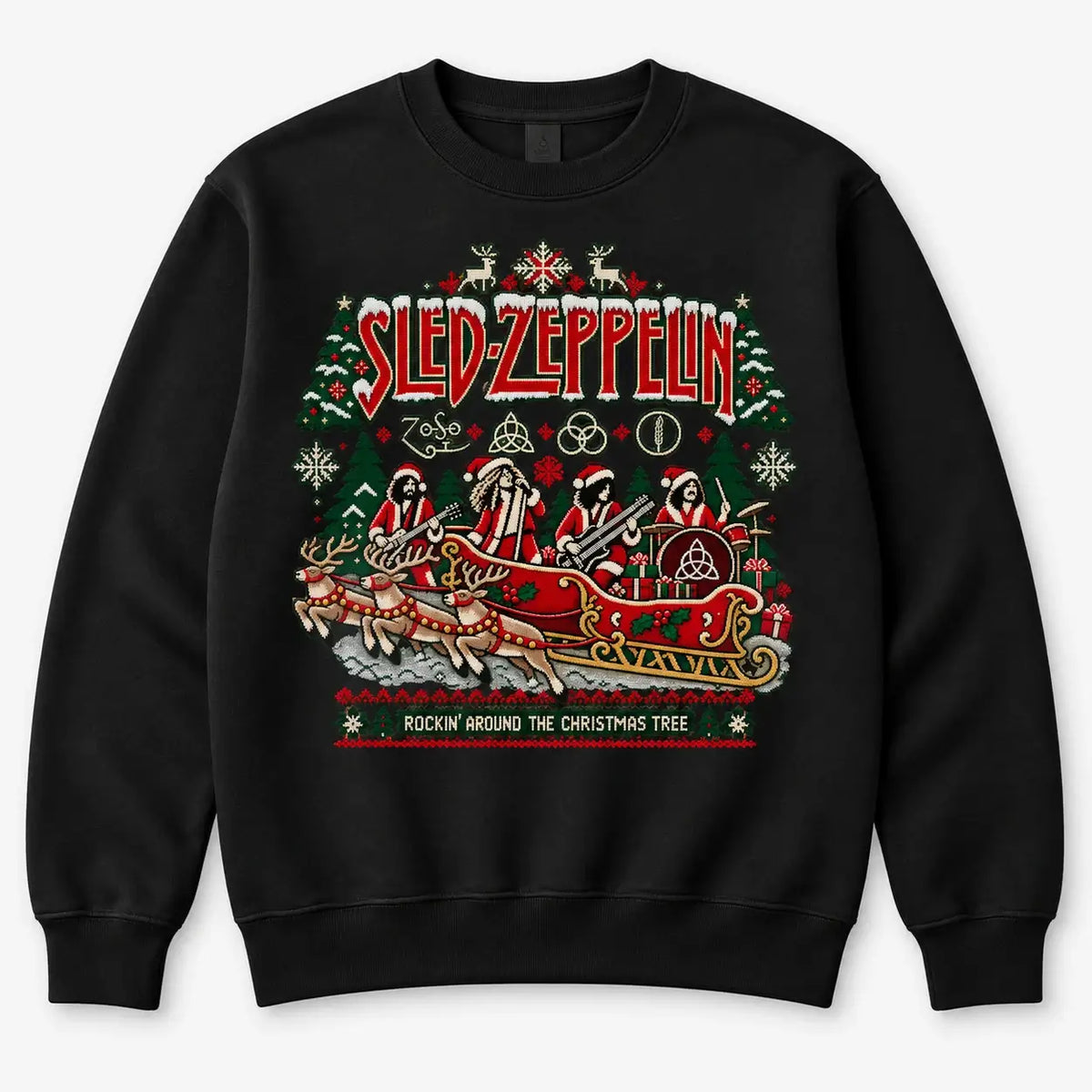 Black Sled Zeppelin Christmas jumper flat lay