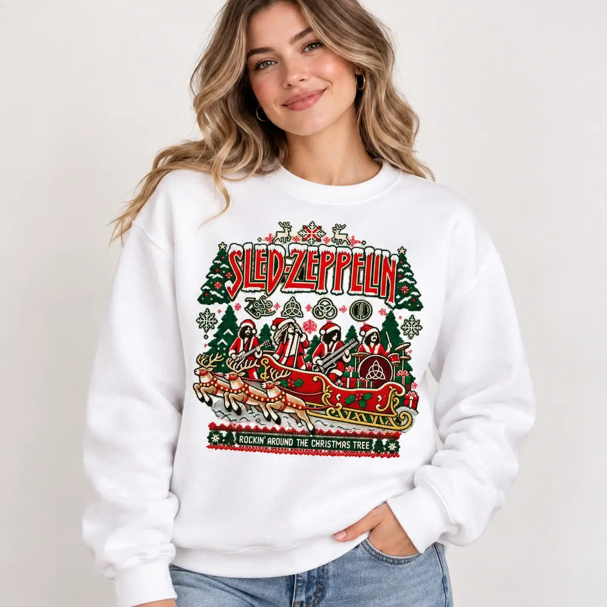 Model wearing white Sled Zeppelin Christmas jumper