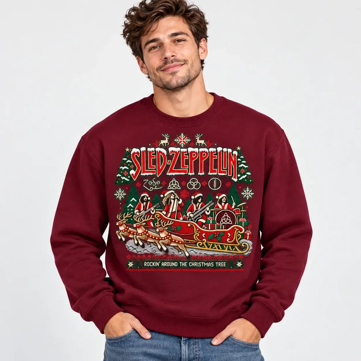 Model wearing Burgundy Sled Zeppelin Christmas jumper