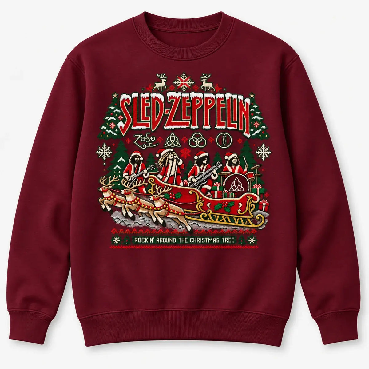 Burgundy Sled Zeppelin Christmas jumper flat lay