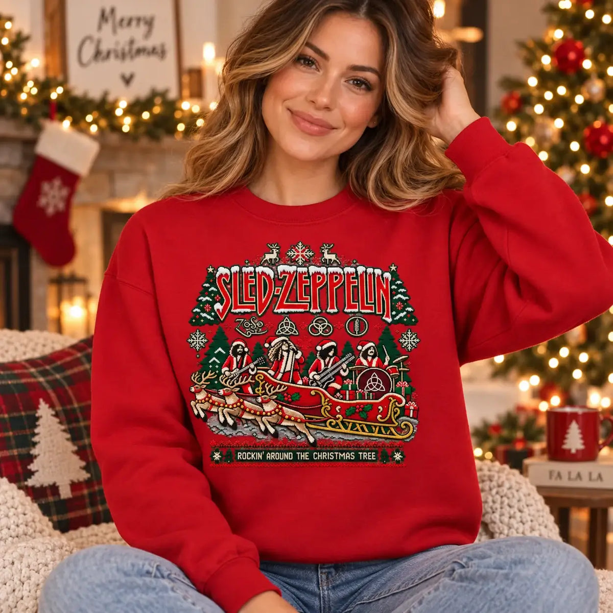 Model wearing Fire Red Sled Zeppelin Christmas jumper in a festive setting
